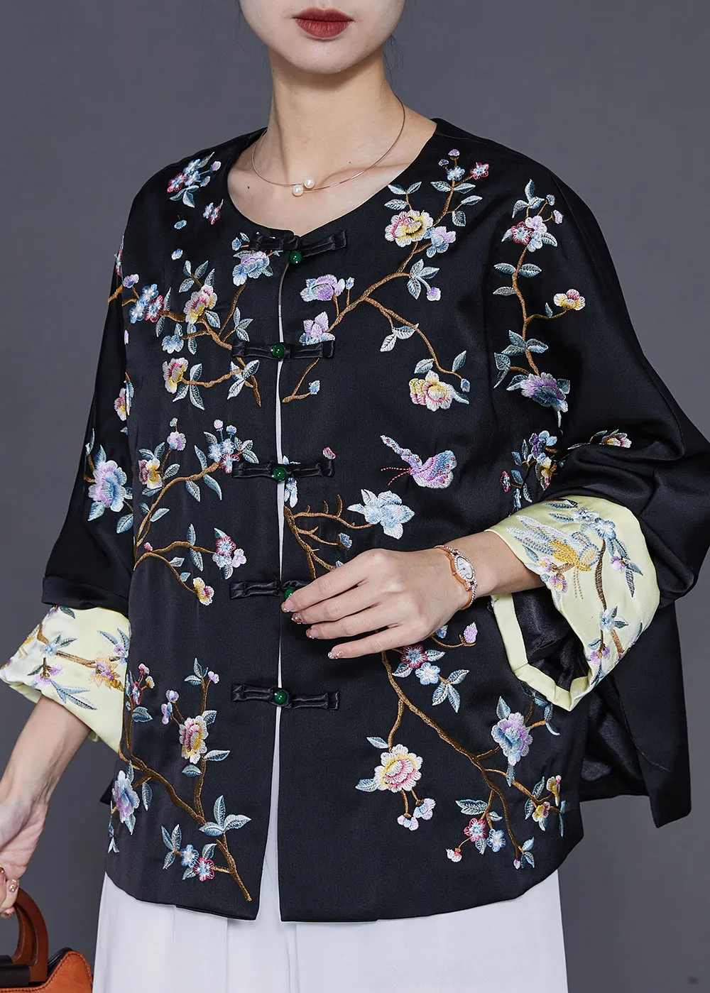 Black Oriental Silk Coat Oversized Embroidered Spring