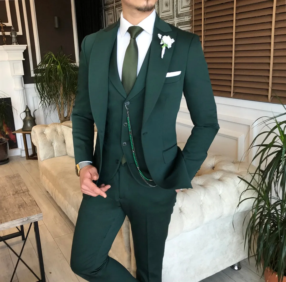 Bojoni Green Slim-Fit Suit 3-Piece