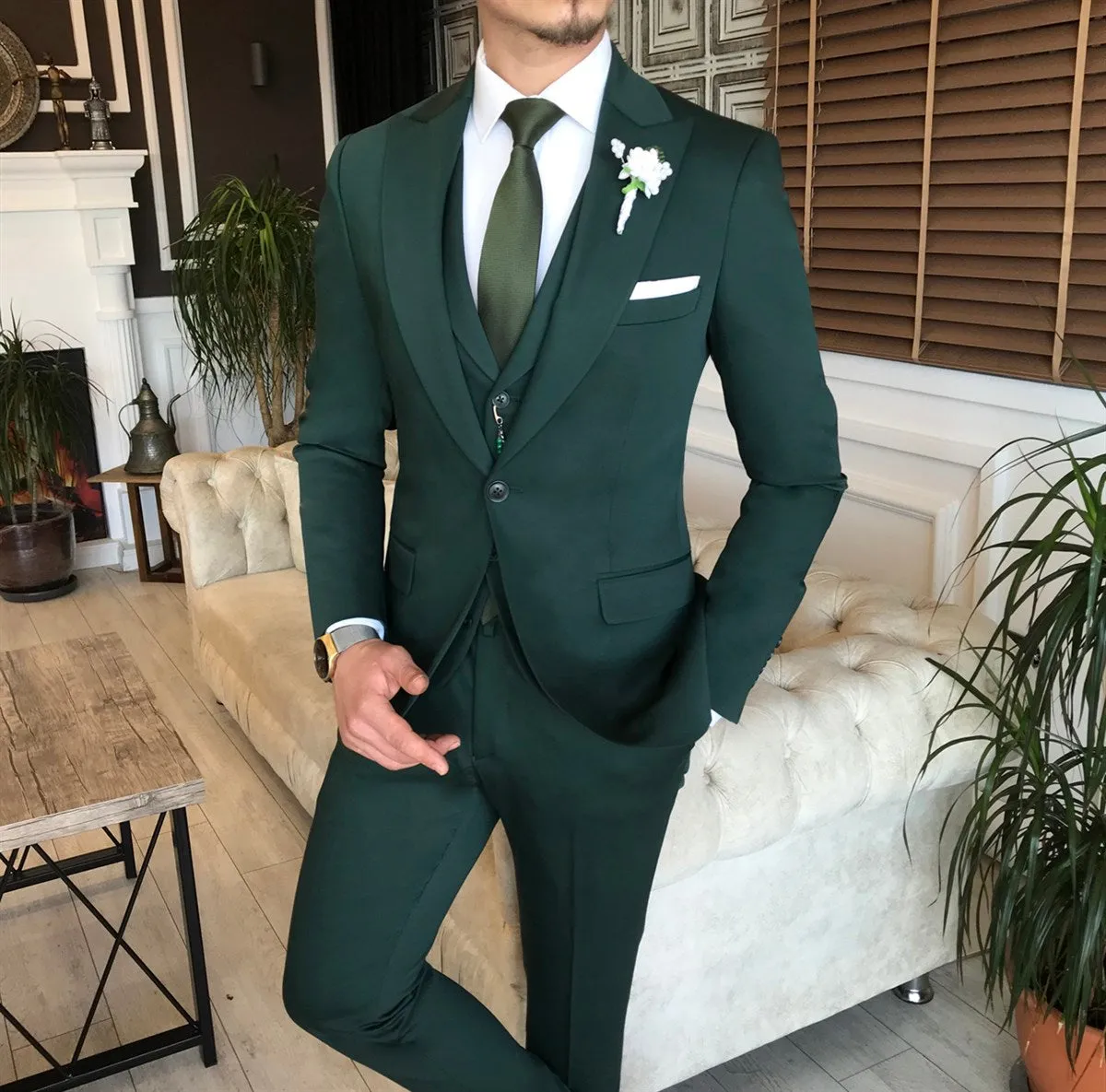 Bojoni Green Slim-Fit Suit 3-Piece