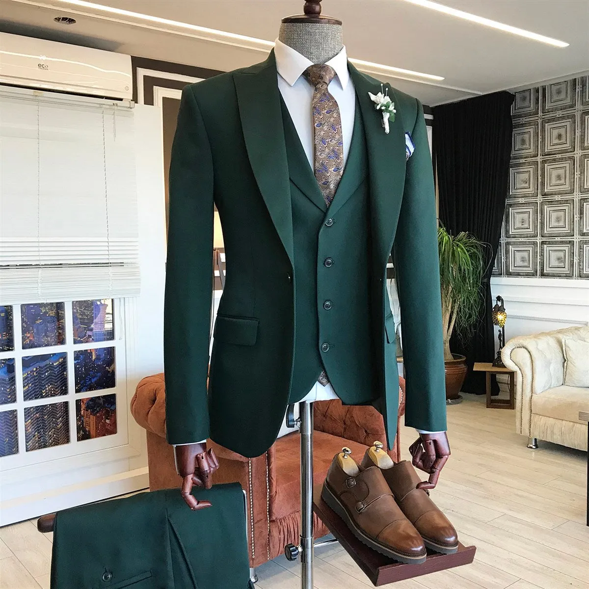 Bojoni Green Slim-Fit Suit 3-Piece