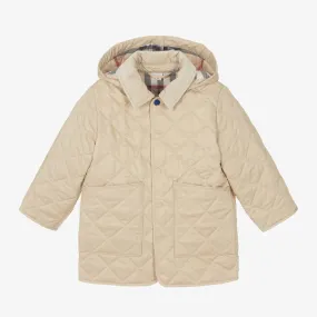 Boys Beige Quilted Hooded Coat