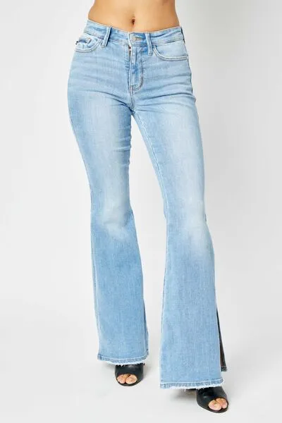 Brooklyn Mid Rise Raw Hem Slit Flare Jeans