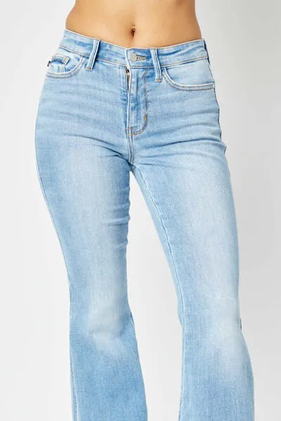 Brooklyn Mid Rise Raw Hem Slit Flare Jeans