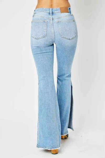 Brooklyn Mid Rise Raw Hem Slit Flare Jeans