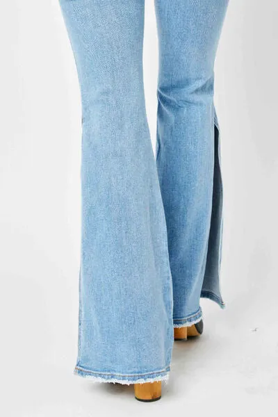 Brooklyn Mid Rise Raw Hem Slit Flare Jeans