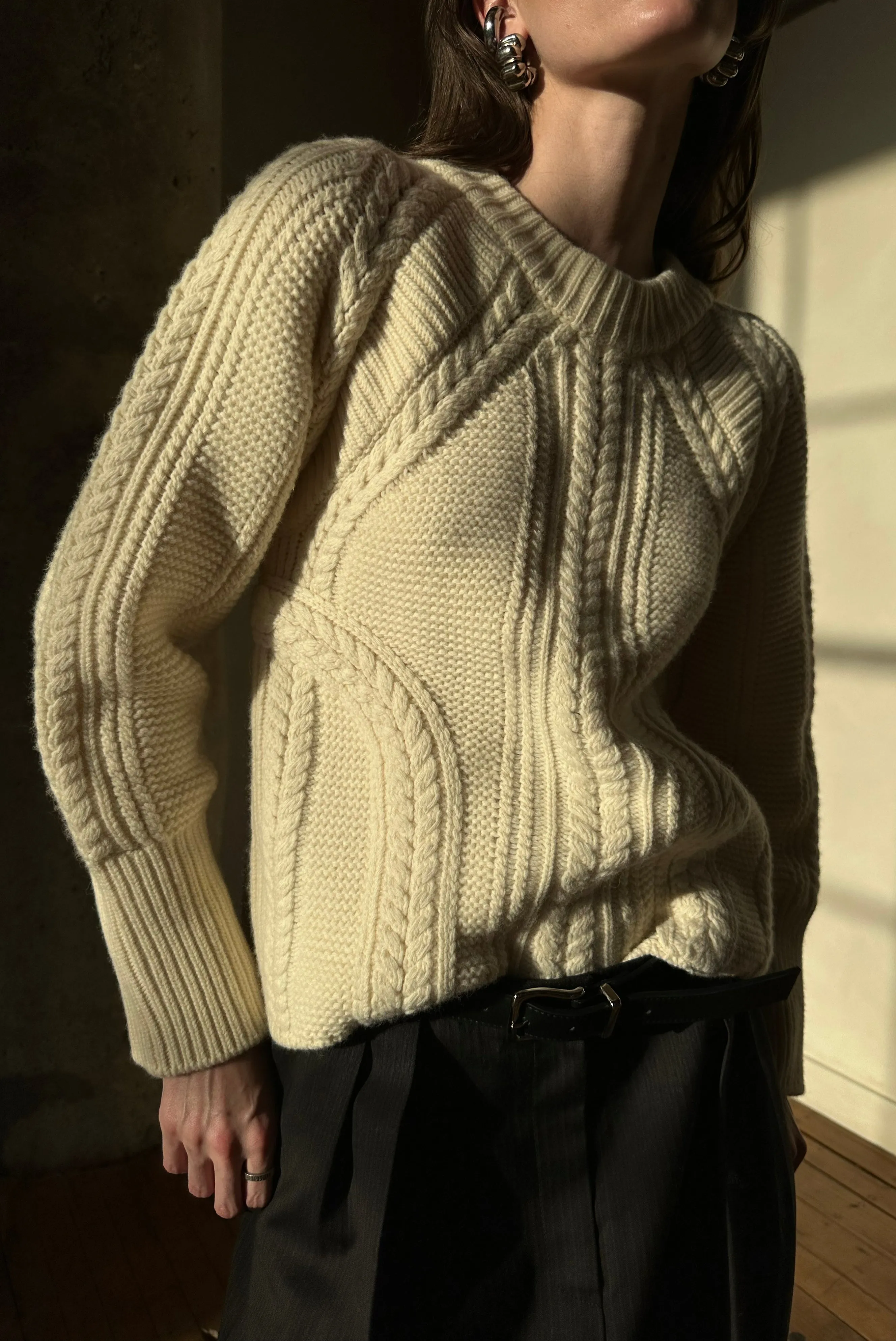 Cable Knit Crewneck Sweater - Cream