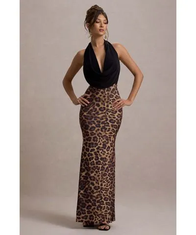 Club L London - USA Krystal | Animal Print Deep Plunge-Neck Maxi Dress