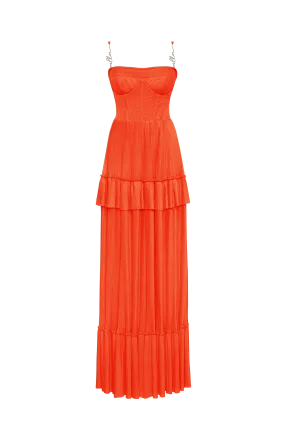 Coral spaghetti strap pleated maxi dress, Garden of Eden