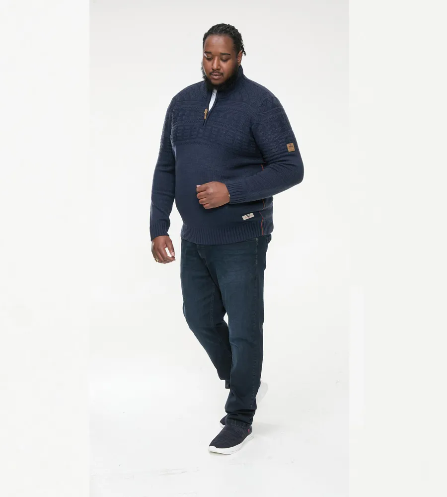 D555 Big Mens Navy Jacquard Knitted Jumper With 1/4 Zip (YATES)