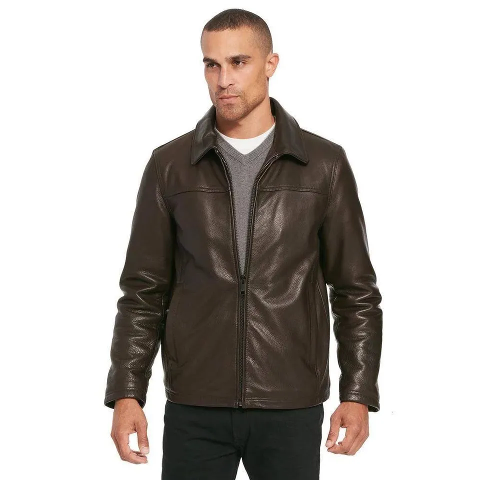 Dark brown leather bomber jacket for men