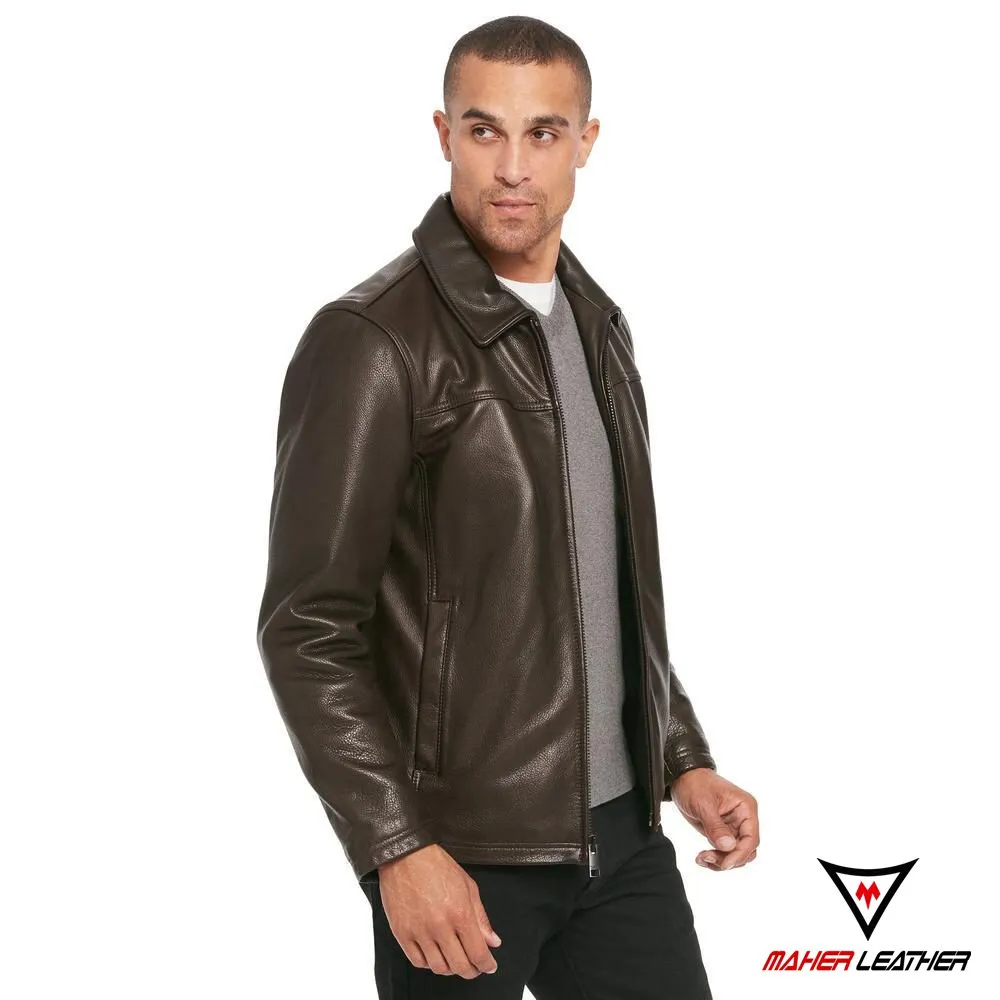 Dark brown leather bomber jacket for men