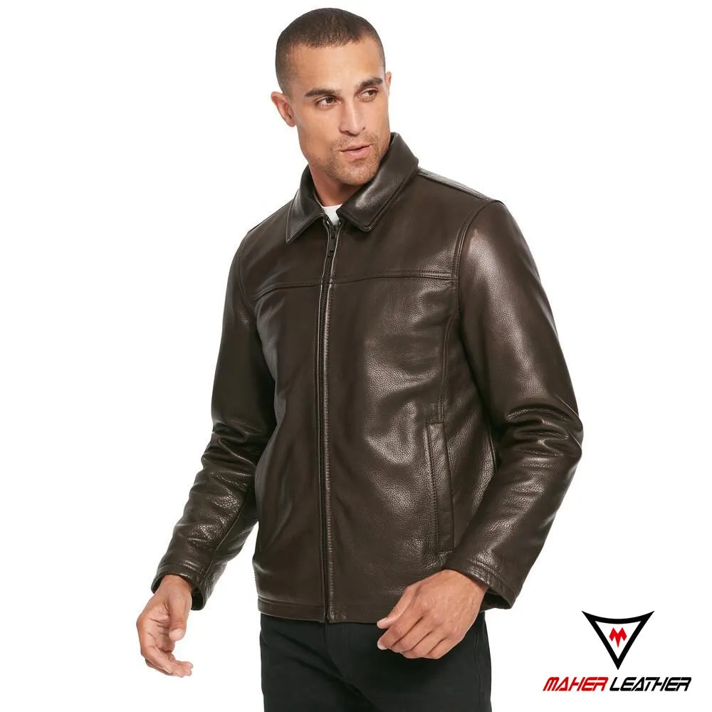 Dark brown leather bomber jacket for men