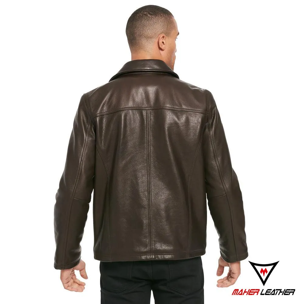 Dark brown leather bomber jacket for men