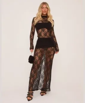 EGO Long Sleeve Slinky Ruched Overlay Maxi Dress In Black Lace