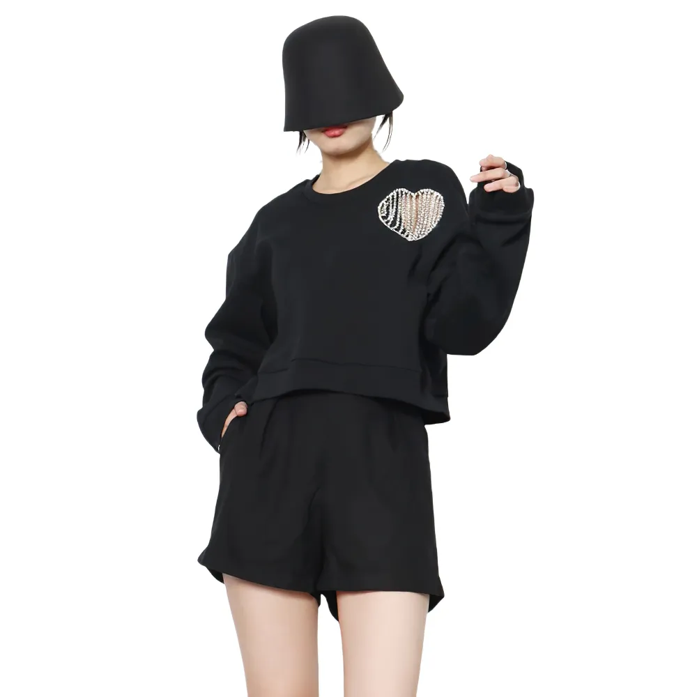 Fashion Black Round Neck Long Sleeve Sweatshirt / Women's Solid Loose Sweatshirts