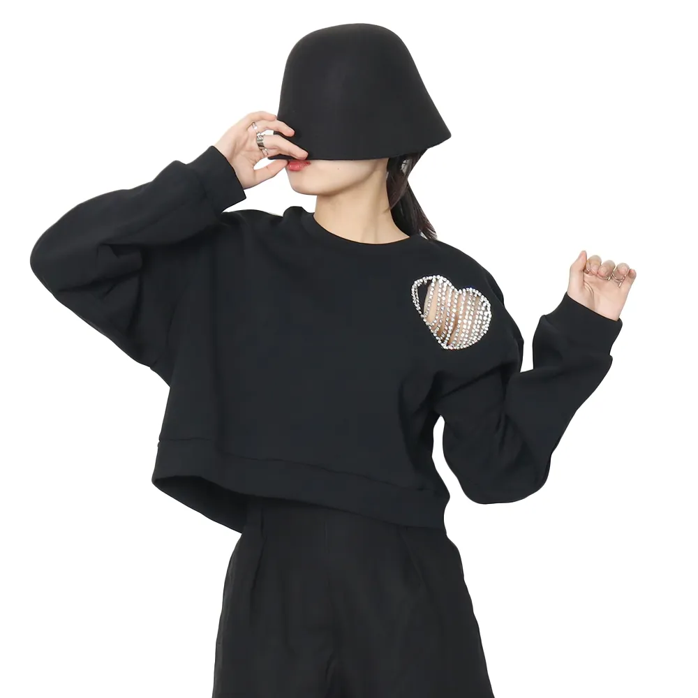 Fashion Black Round Neck Long Sleeve Sweatshirt / Women's Solid Loose Sweatshirts