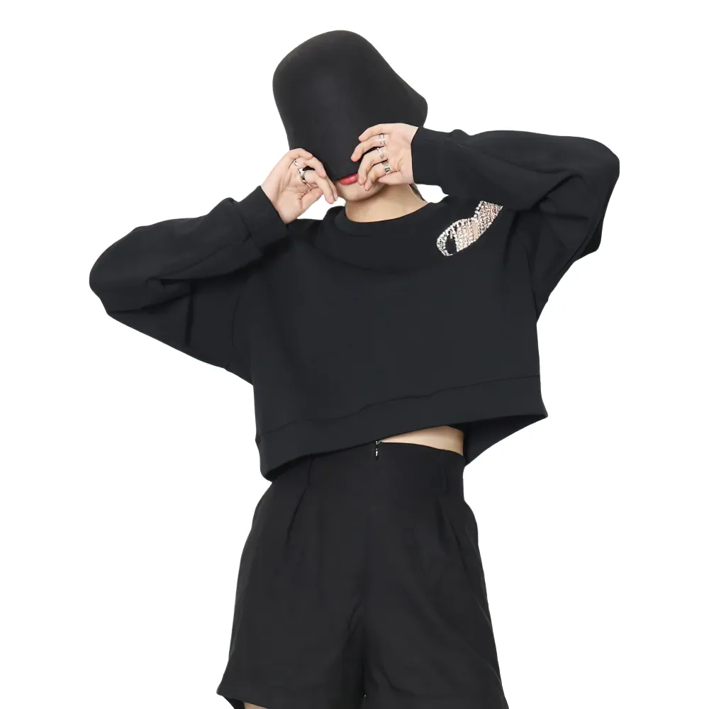 Fashion Black Round Neck Long Sleeve Sweatshirt / Women's Solid Loose Sweatshirts