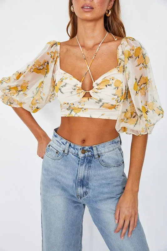 Floral Print Chiffon Balloon Sleeved Bustier Crop Top