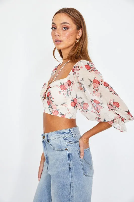 Floral Print Chiffon Balloon Sleeved Bustier Crop Top