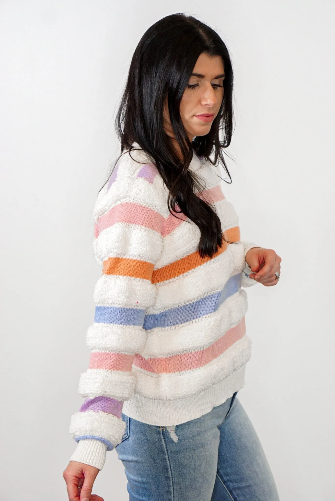 Fuzzy Striped Cream Multicolor Sweater