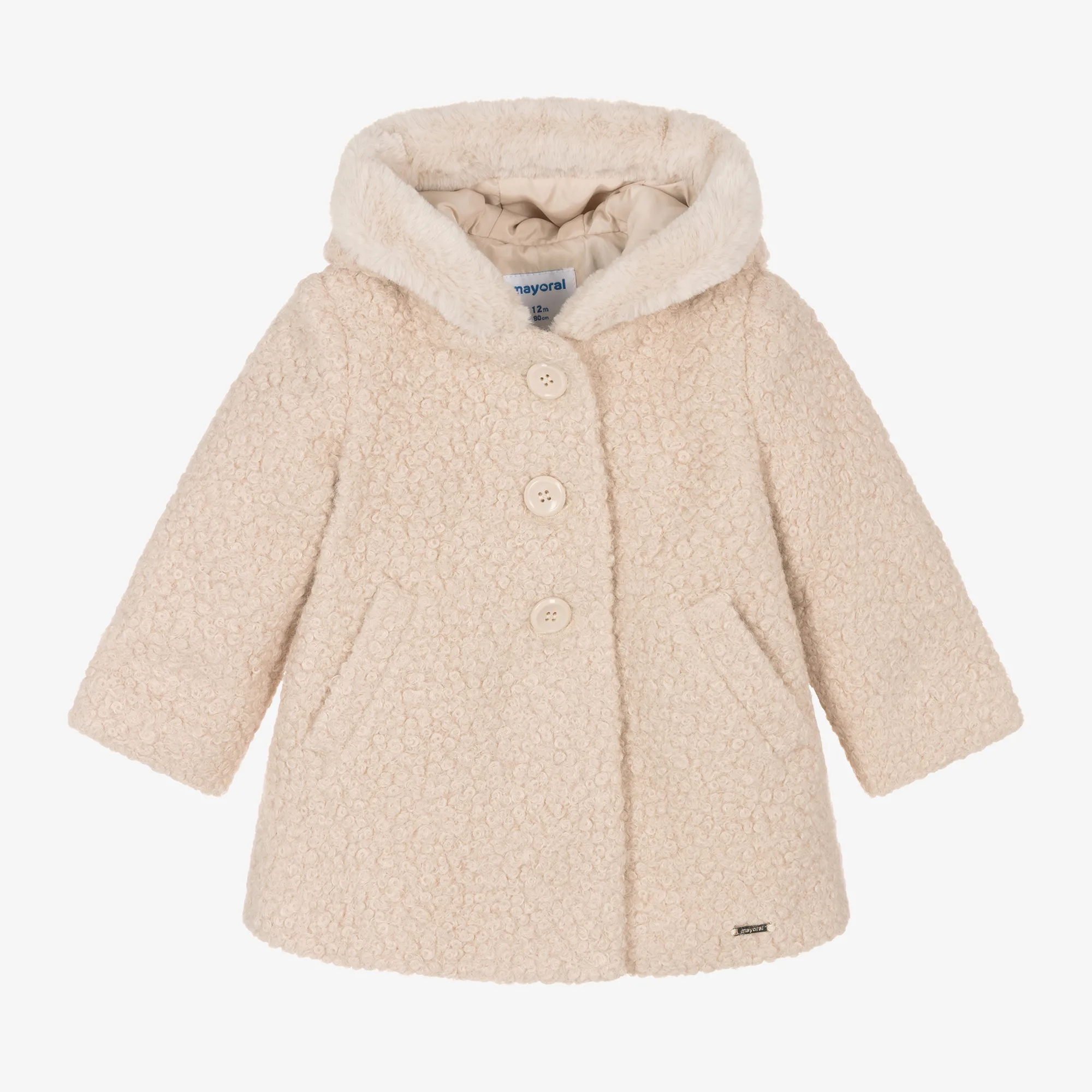 Girls Beige Bouclé Hooded Coat