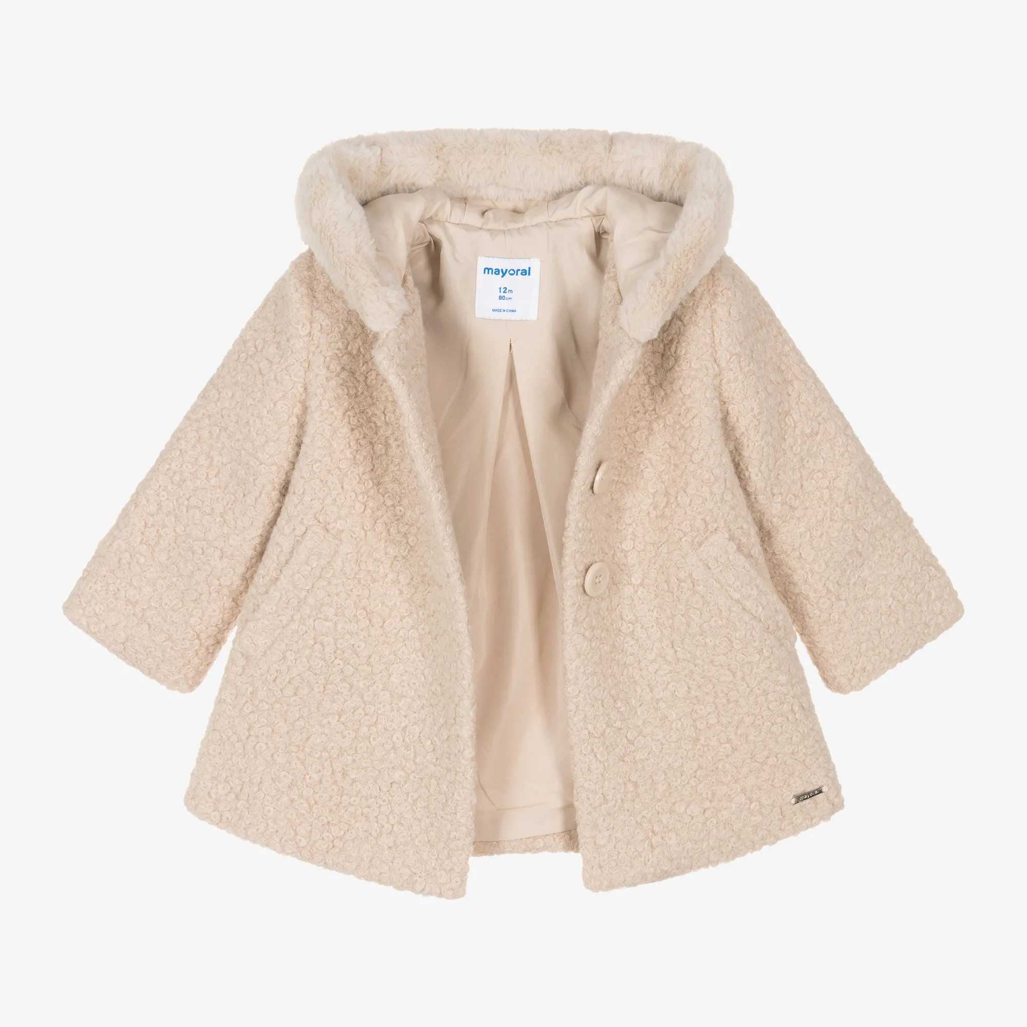 Girls Beige Bouclé Hooded Coat