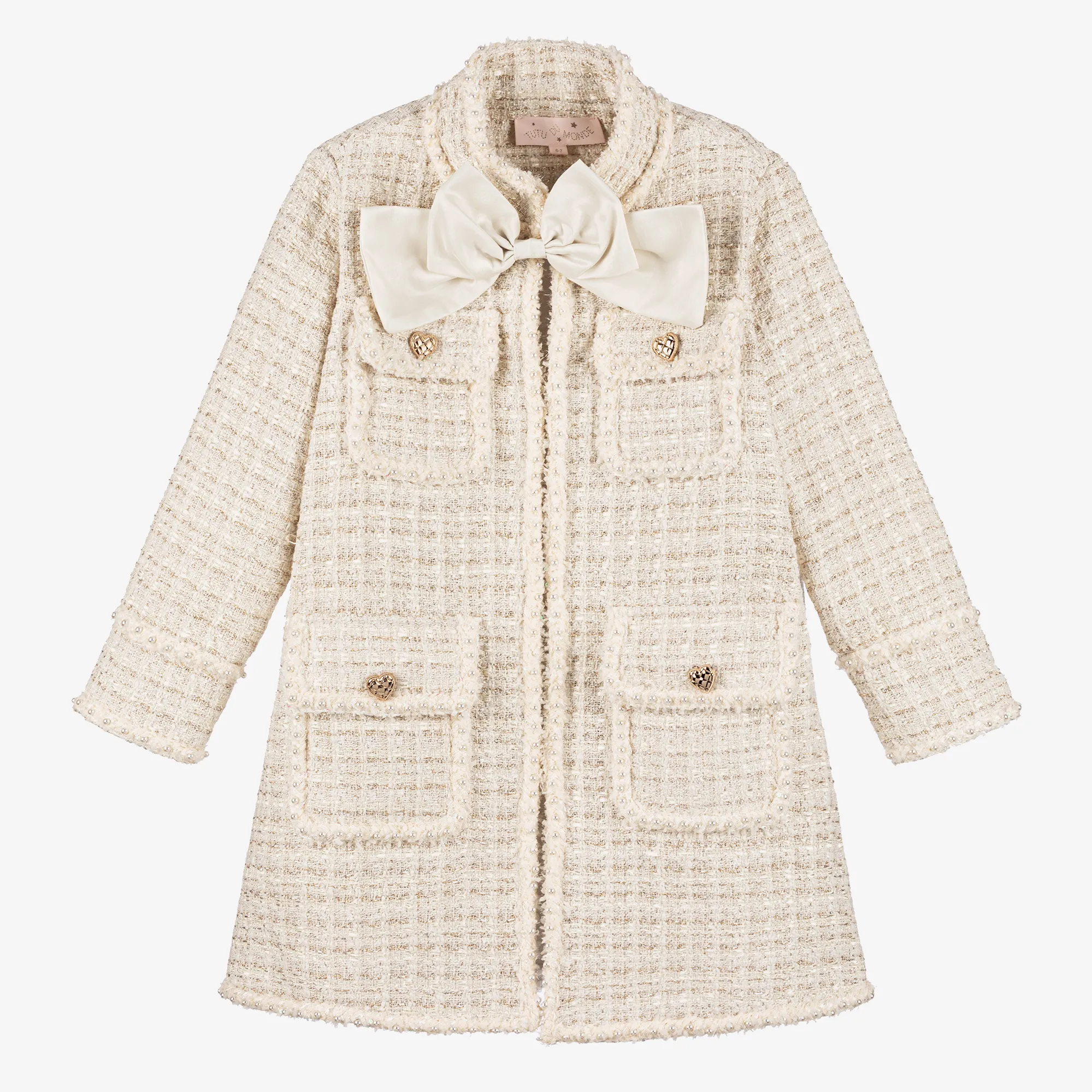 Girls Ivory Sparkly Tweed Coat