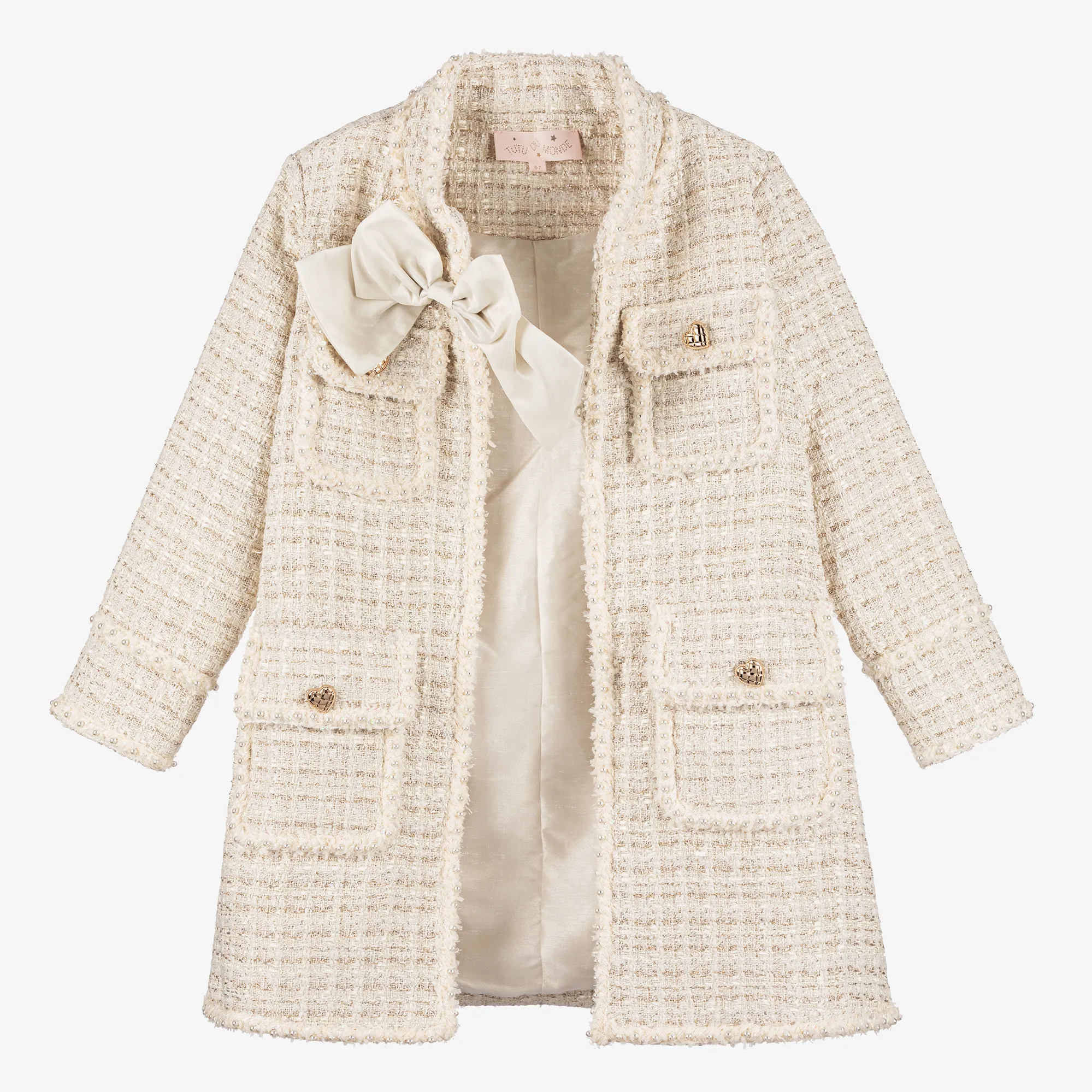 Girls Ivory Sparkly Tweed Coat