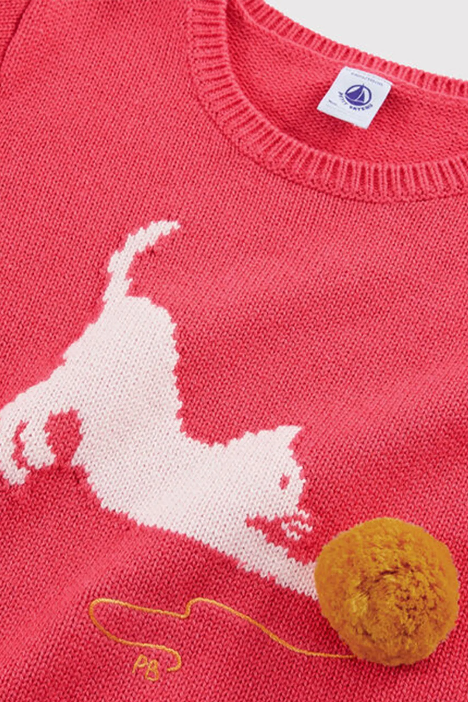 Girl's Pink Wool & Cotton Cardigan With Pompom Detail