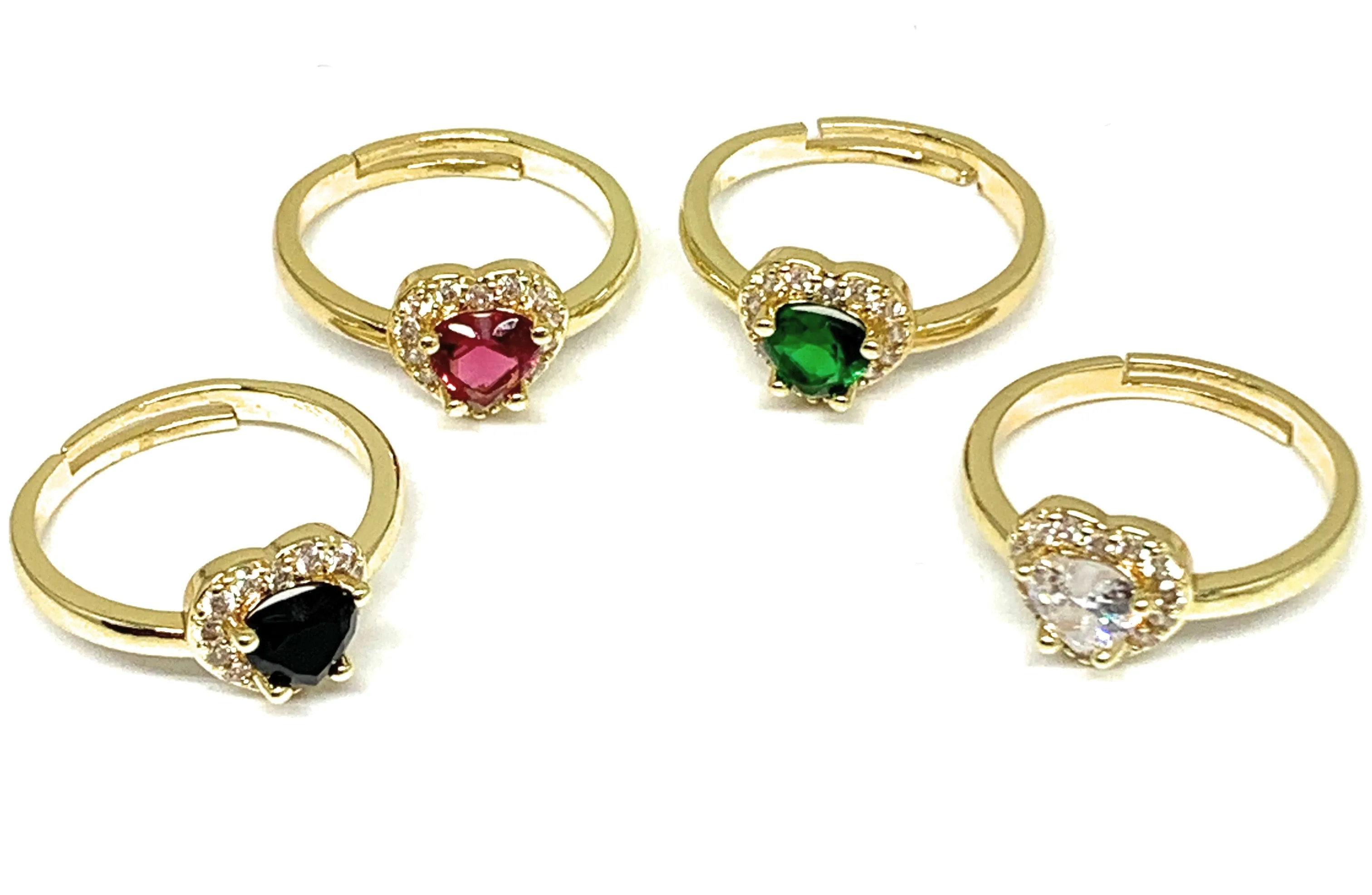 Gold Plated CZ Heart Adjustable Ring Anillo (RED, GREEN, WHITE, BLACK)