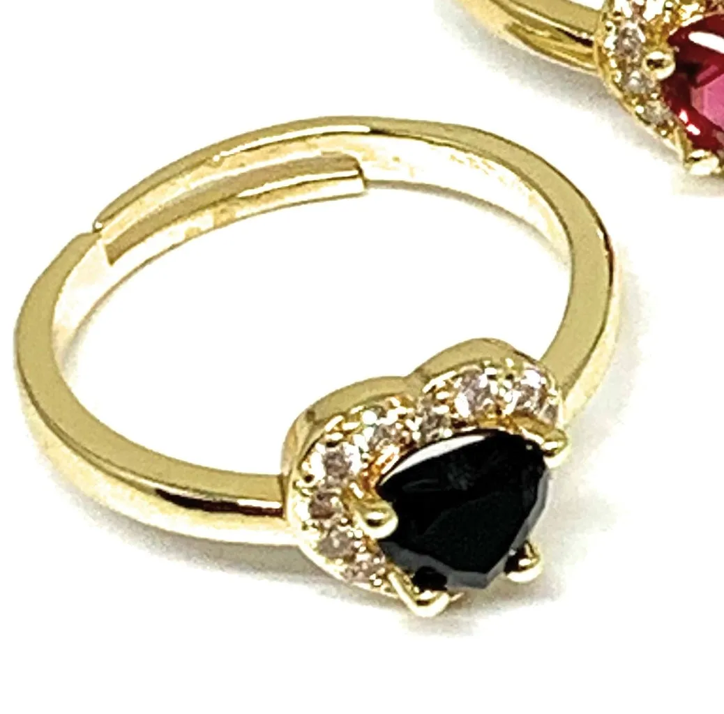 Gold Plated CZ Heart Adjustable Ring Anillo (RED, GREEN, WHITE, BLACK)