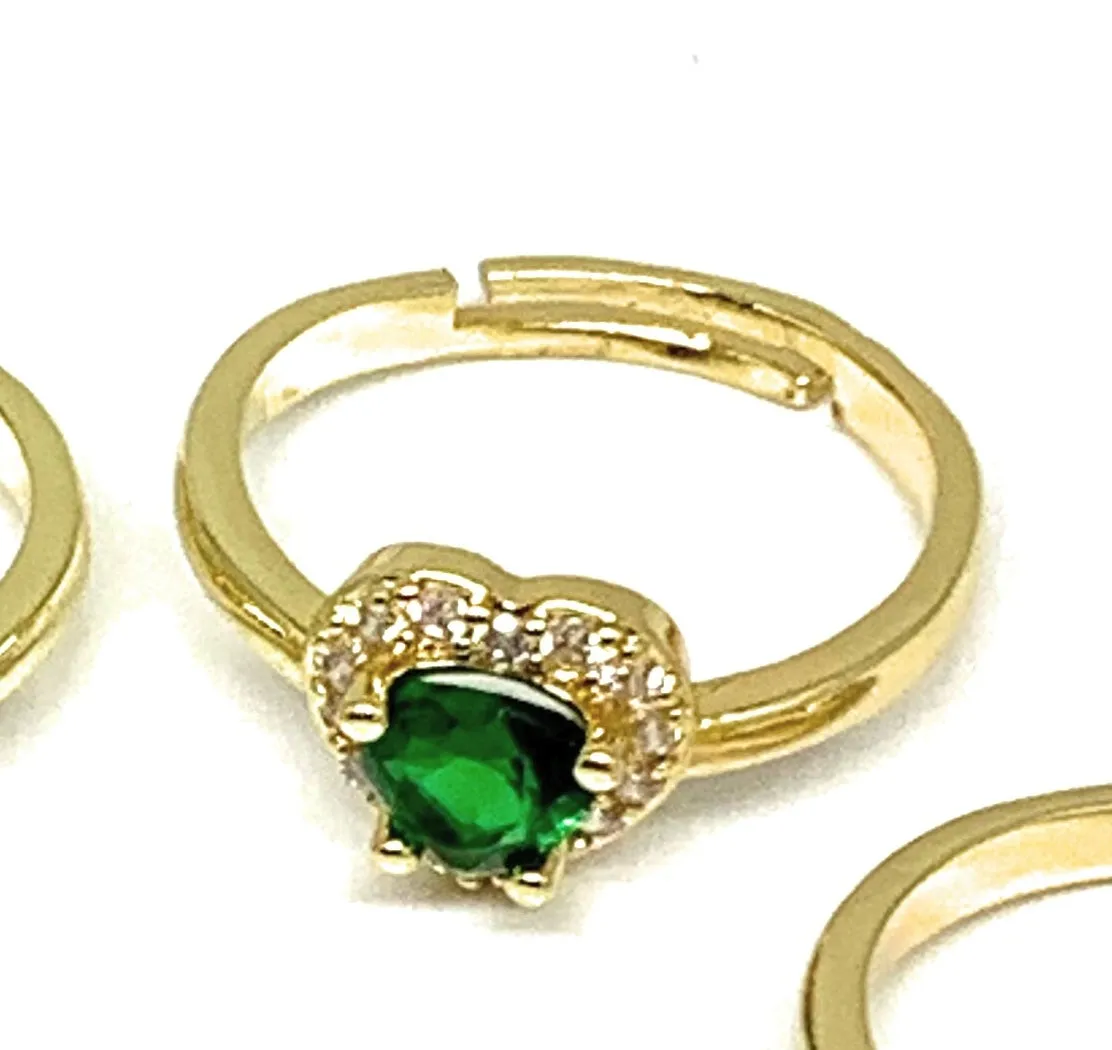 Gold Plated CZ Heart Adjustable Ring Anillo (RED, GREEN, WHITE, BLACK)