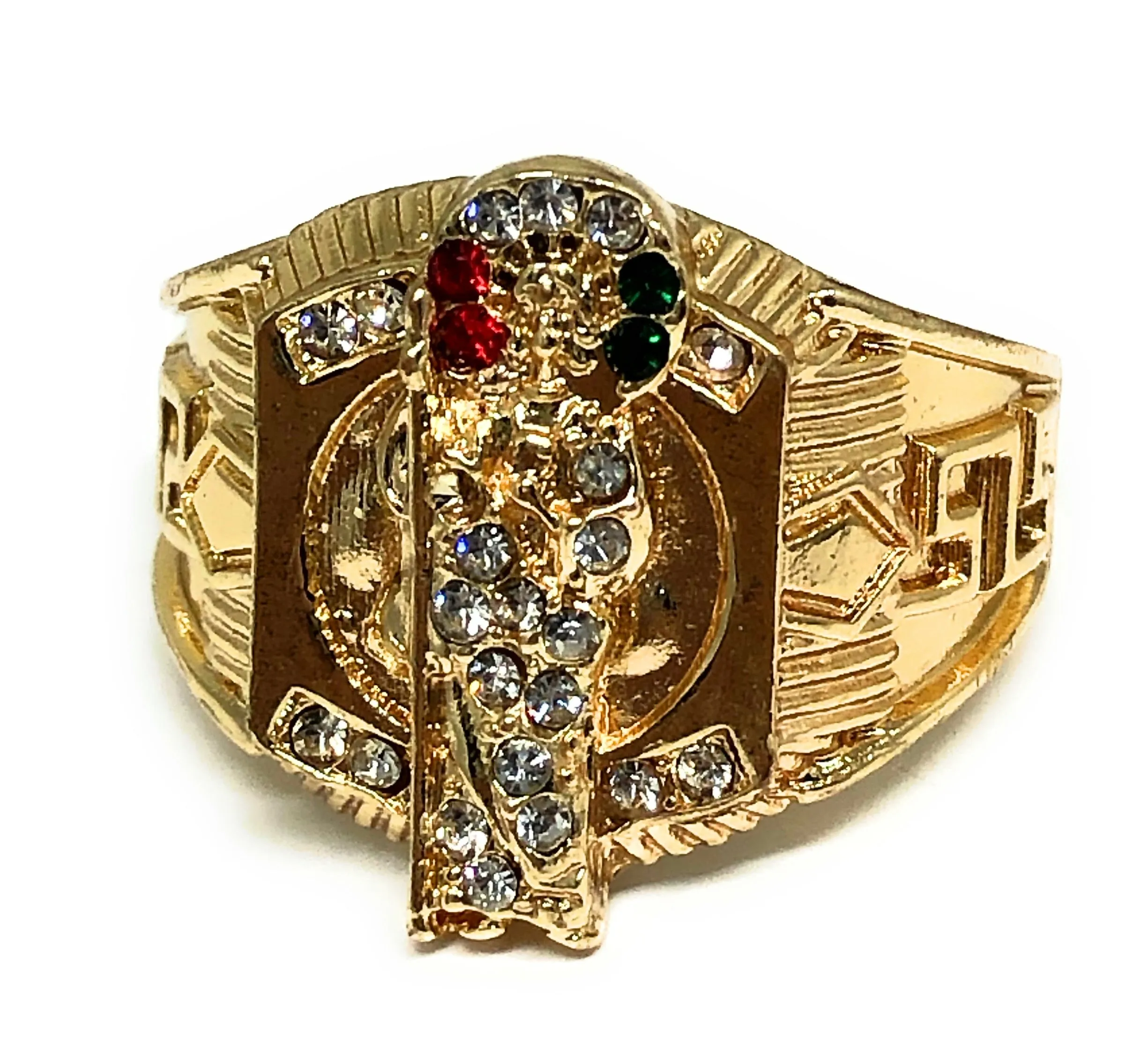 Gold Plated San Judas Saint Jude Red,White,Green CZ Ring Anillo