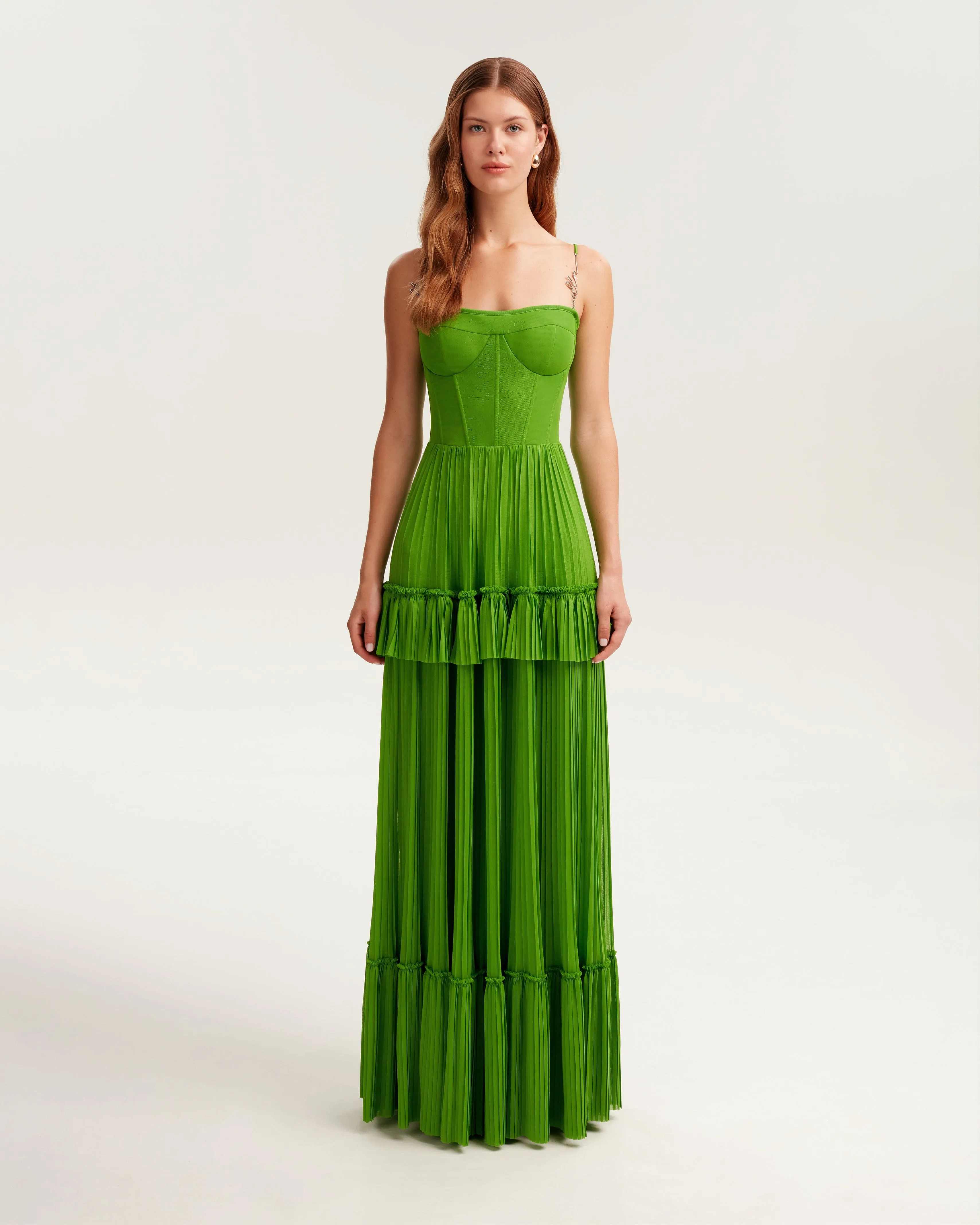 Green spaghetti strap pleated maxi dress, Garden of Eden