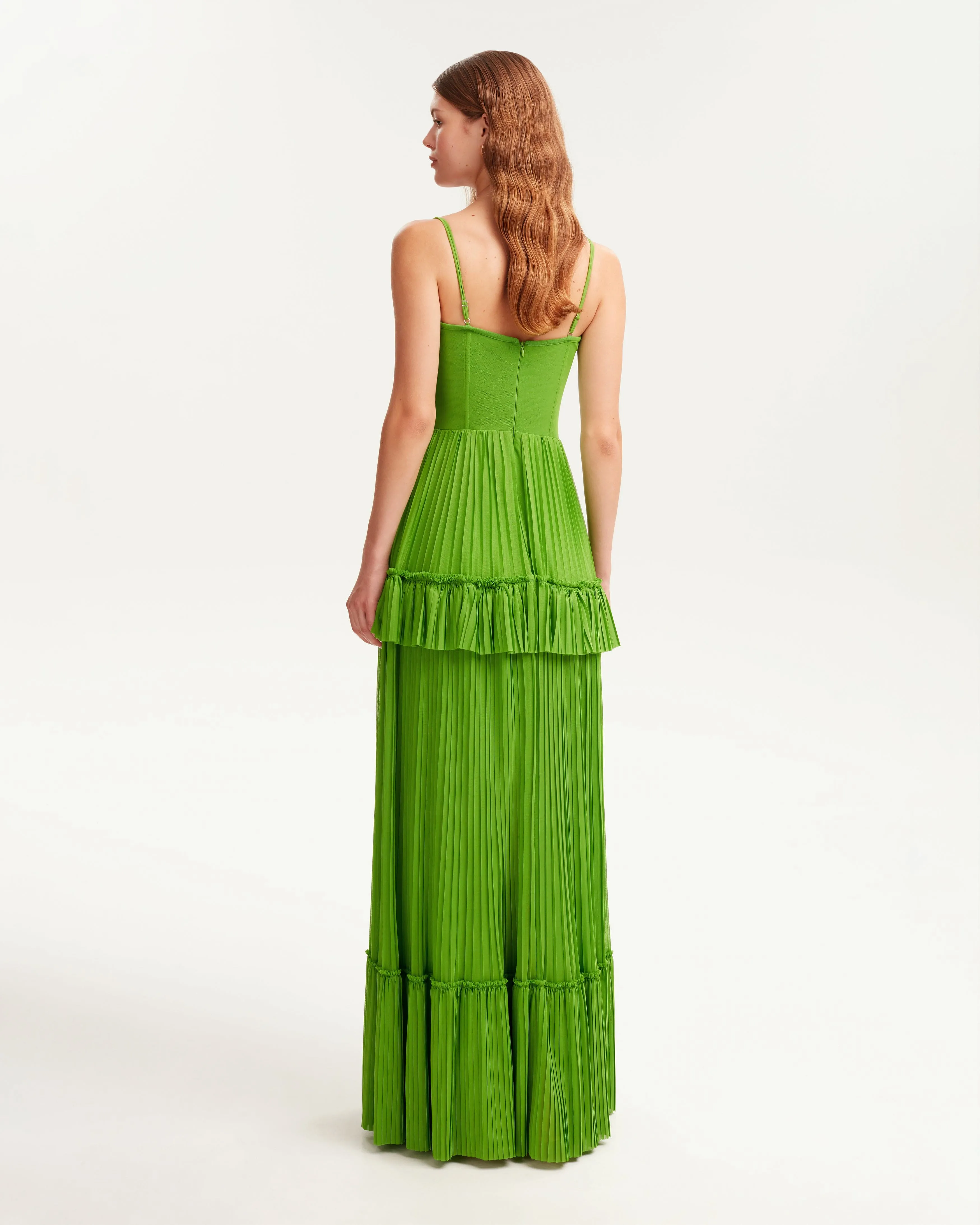 Green spaghetti strap pleated maxi dress, Garden of Eden