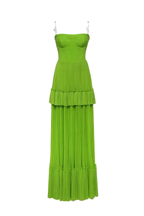 Green spaghetti strap pleated maxi dress, Garden of Eden