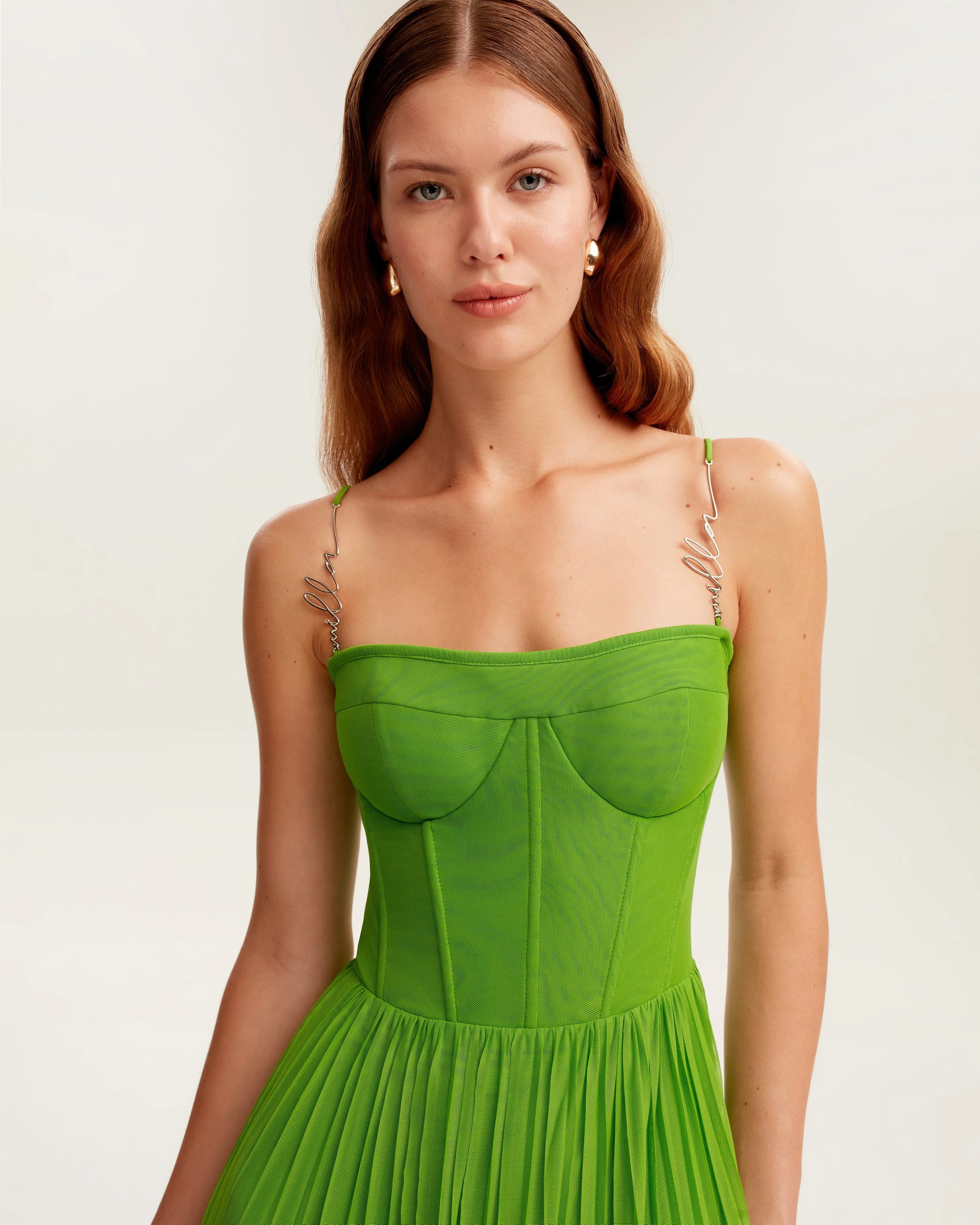 Green spaghetti strap pleated maxi dress, Garden of Eden