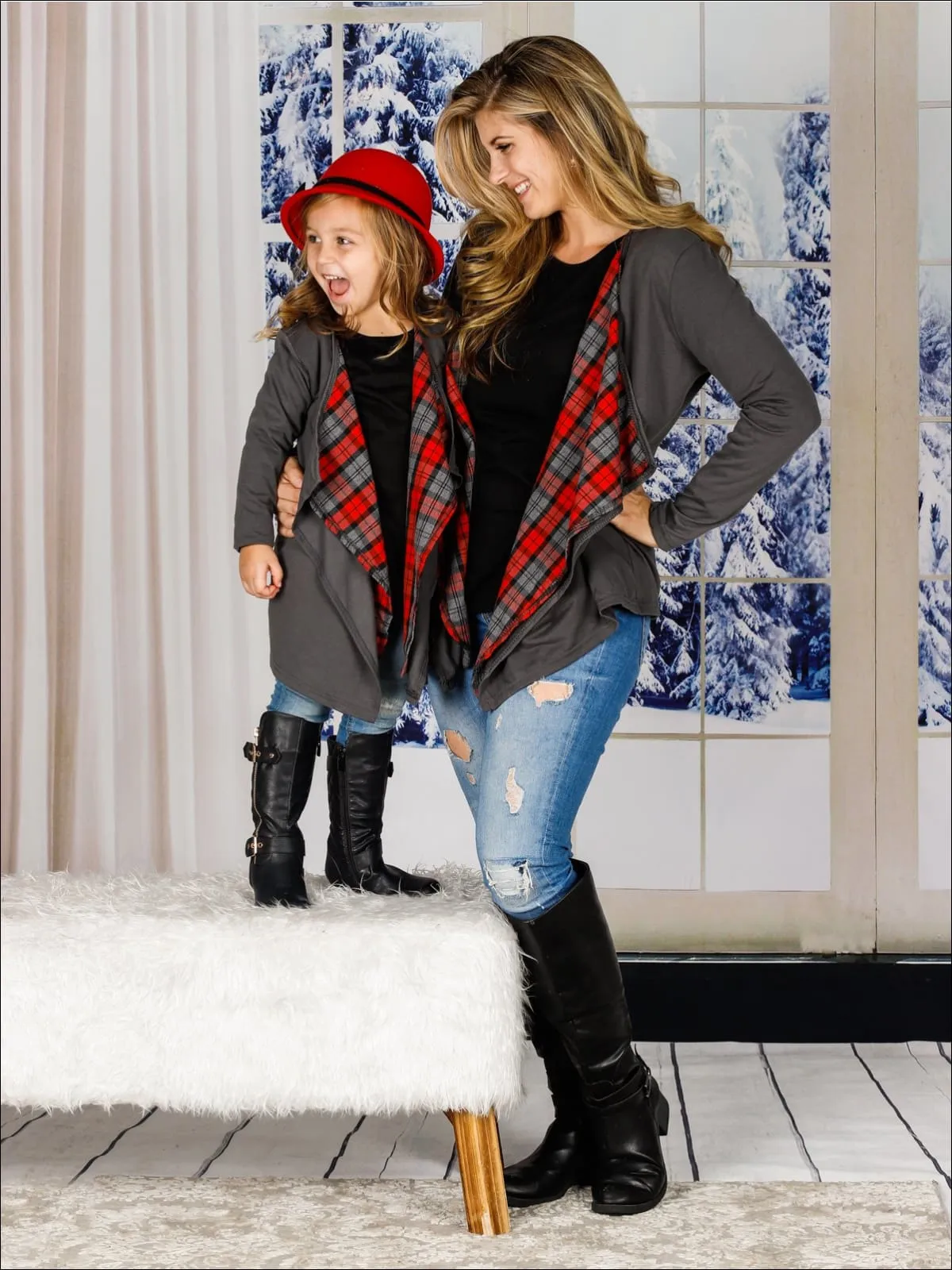 Grey Long Sleeve Mommy and Me Waterfall Sweater Cardigan