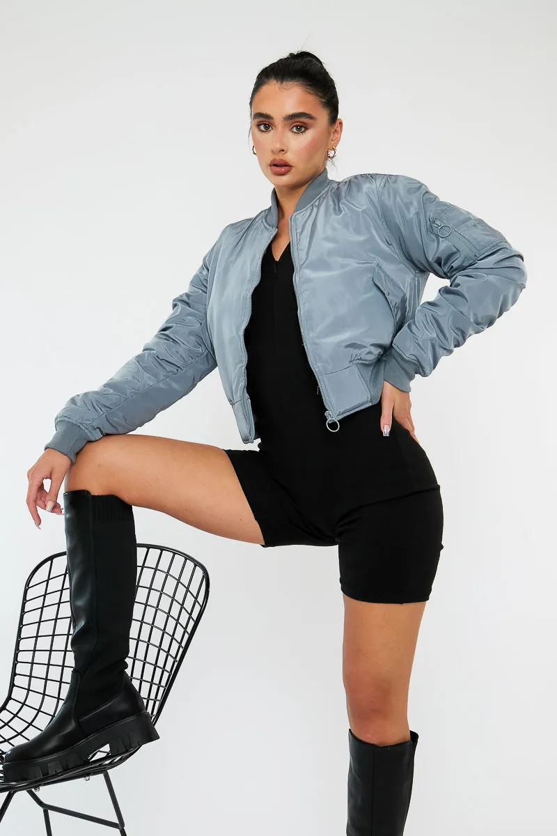 Grey Zip Front Bomber Jacket - Jiya