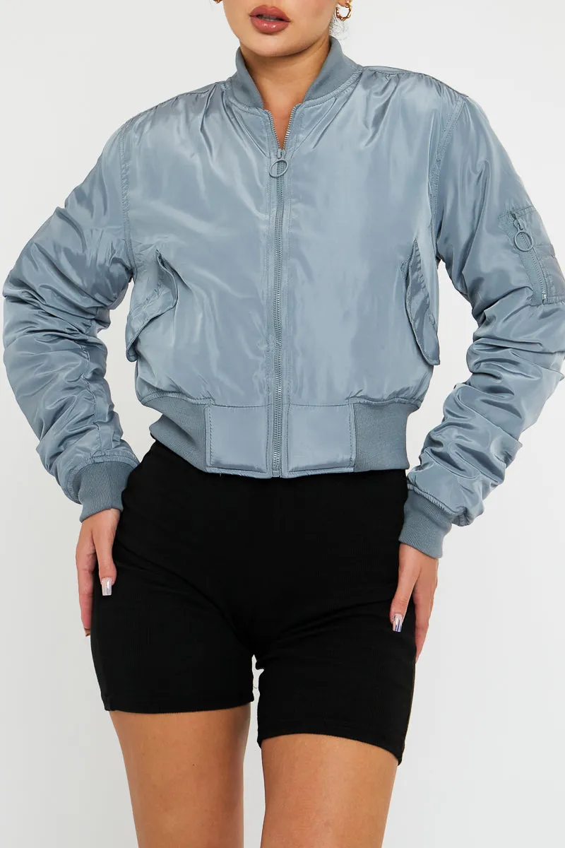 Grey Zip Front Bomber Jacket - Jiya