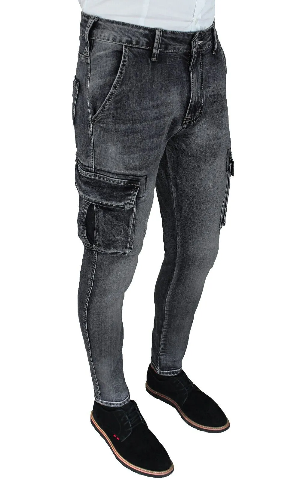 Jens uomo cargo nero denim Pantaloni Skinny slim fit con tasconi laterali