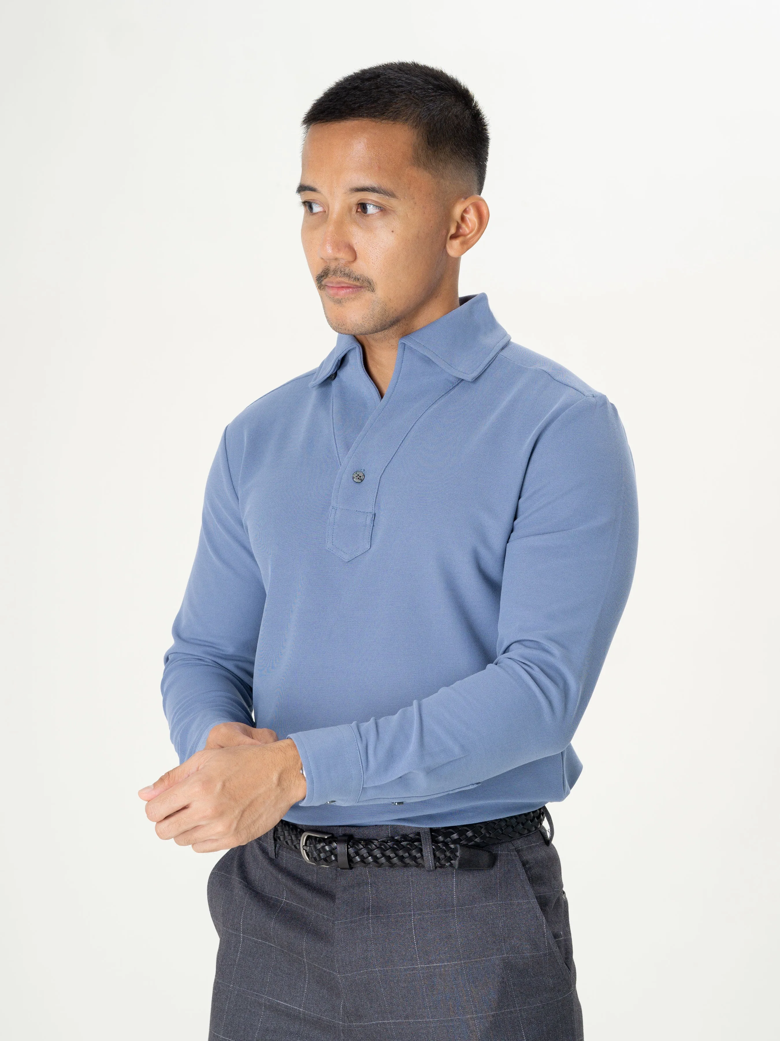 Long Sleeve Polo Shirt - Steel Blue One-Piece Collar Single Button