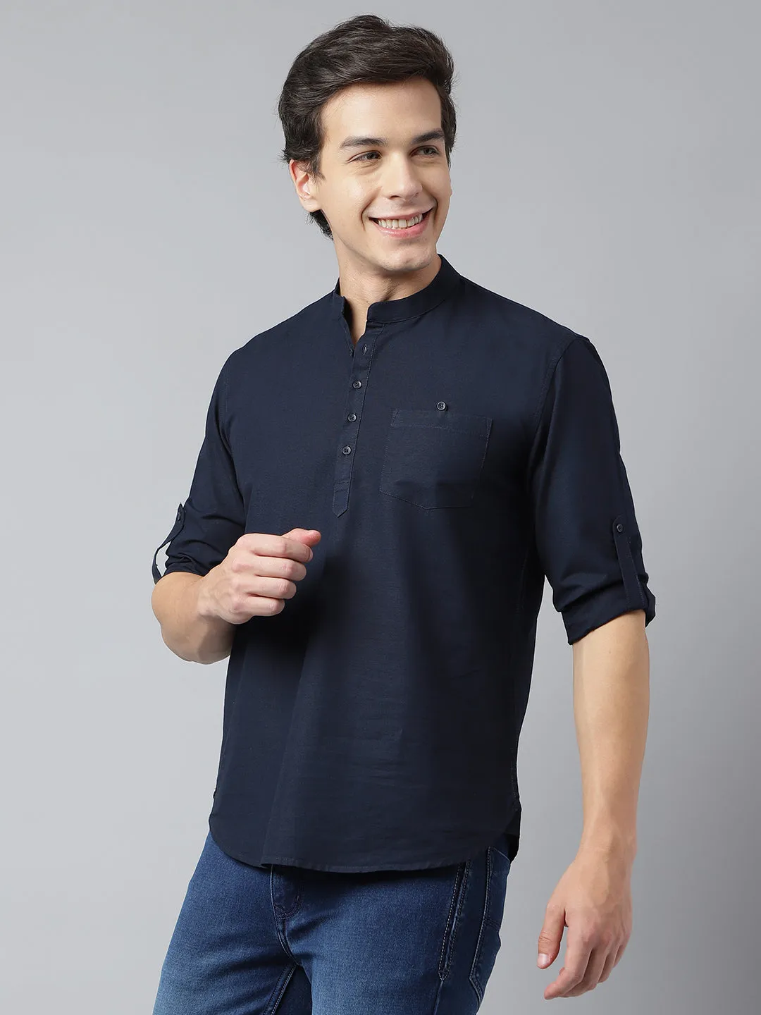 Men Navy Standard Fit Solid Kurta