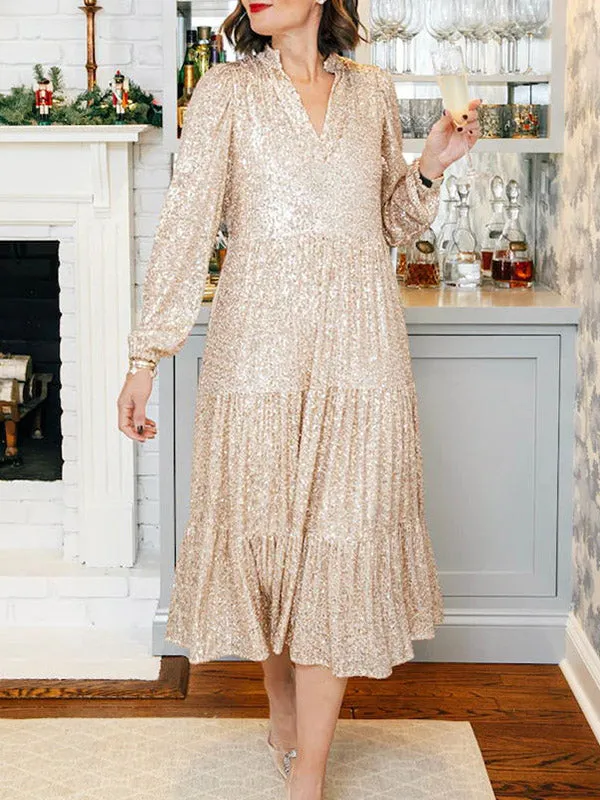 Momnfancy Elegant Champagne Sequin Sparkly Big Swing Flowy Party Babyshower Maternity Maxi Dress