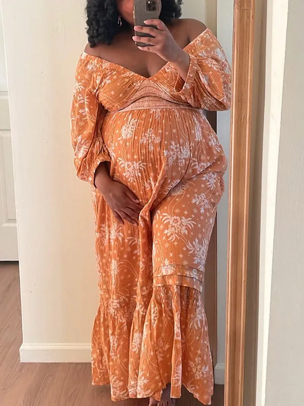 Momnfancy Elegant Orange Floral Ruffle Falbala Big Swing Flowy Vacation Maternity Babyshower Maxi Dress