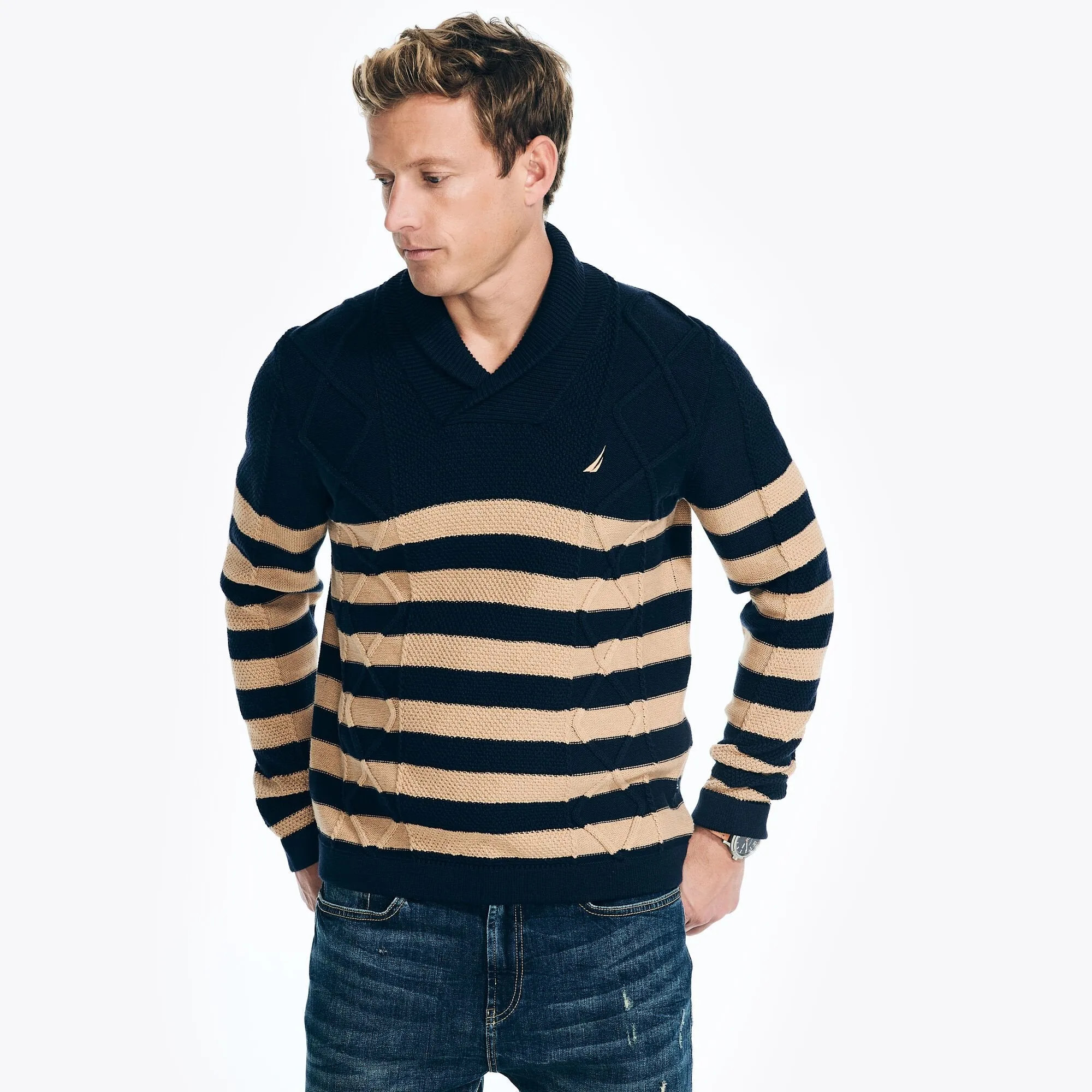 Nautica Men's Striped Cable-Knit Sweater Stellar Blue Heather