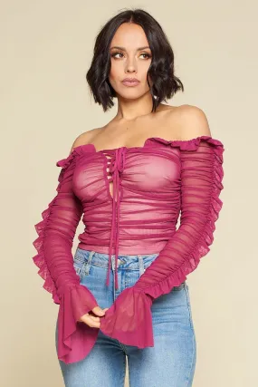 Nicky Minaj Magenta Ruched Lace-Up Off Shoulder Crop Top