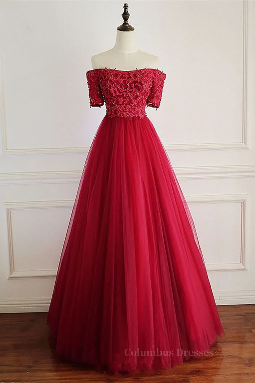 Off Shoulder Burgundy Lace Long Prom Dresses, Burgundy Lace Formal Dresses, Burgundy Evening Dresses