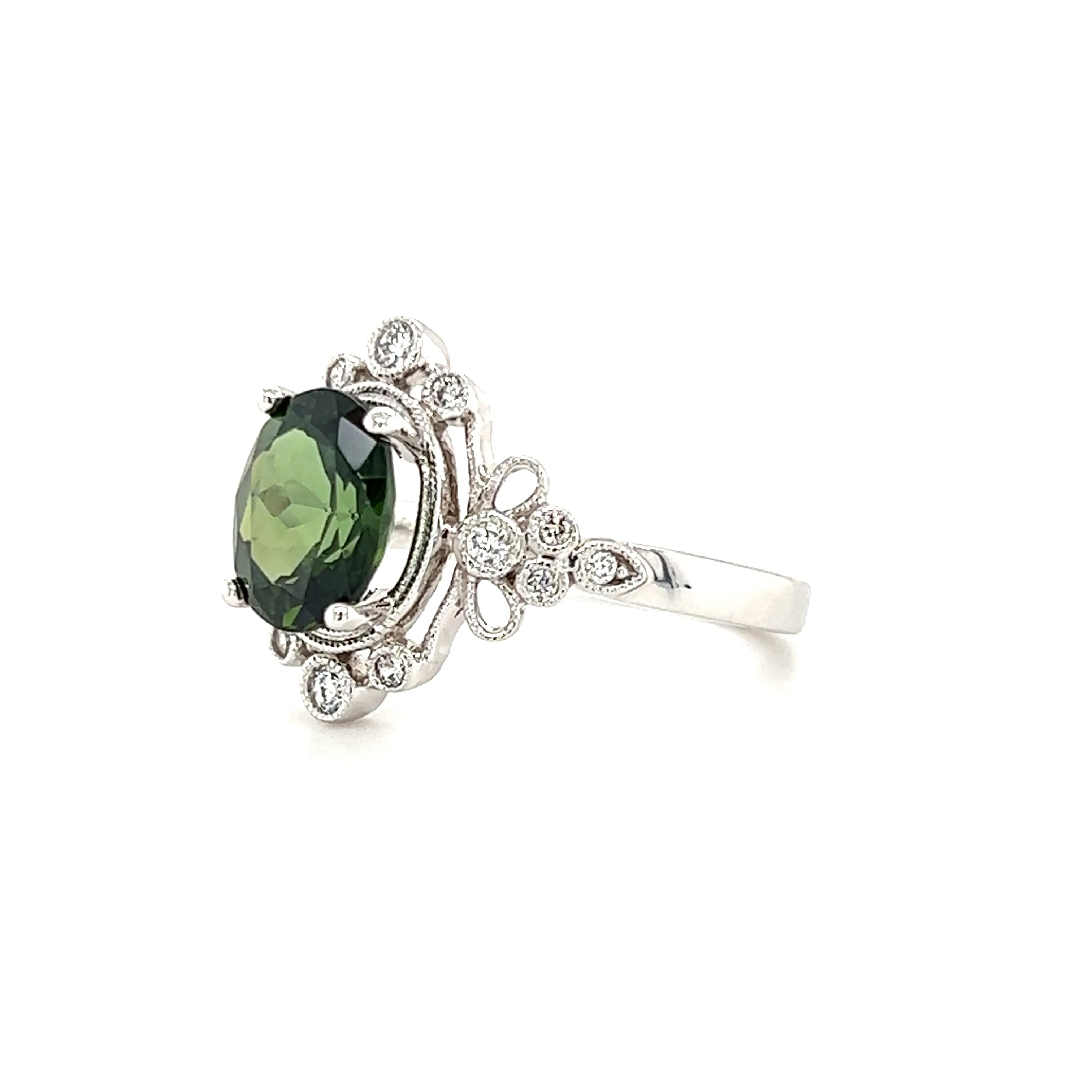 Oval Green Tourmaline Ring with Side Diamonds in 14K White Gold