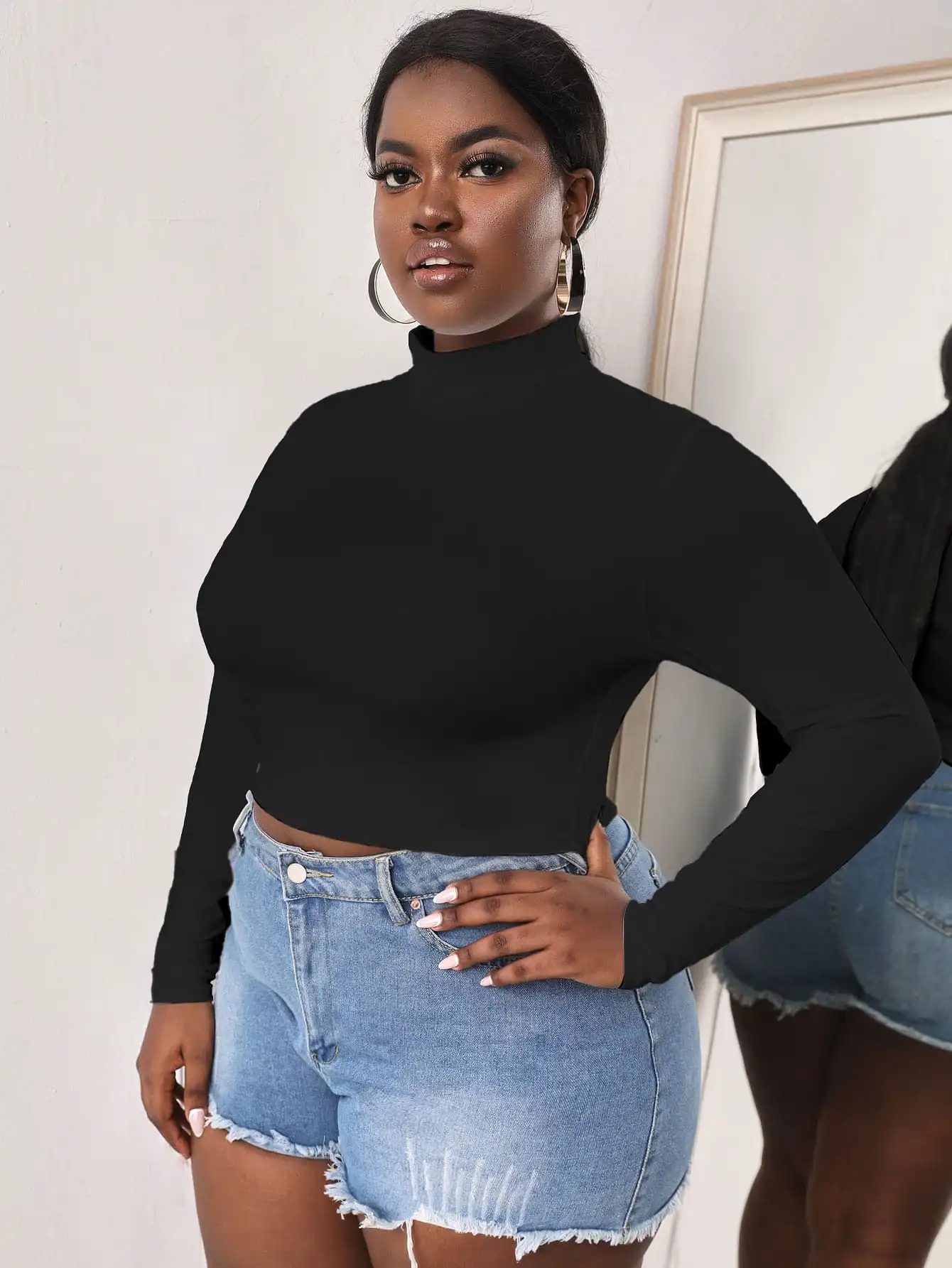 Plus Solid High Neck Crop Tee